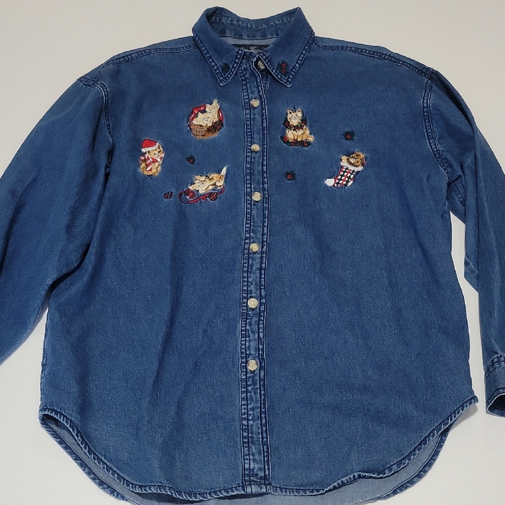 Solutions Festive Cat Embroidered Denim Button Down Shirt